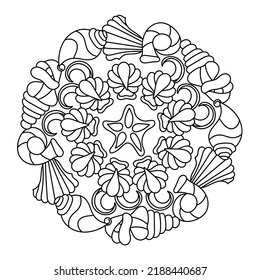 Underwater Marine Coloring book page. Sea world, mermaid tail, fantastic underwater plants. Monochrome. Hand-drawn vector illustration