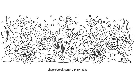 Underwater Marine coloring page. Vector border . Doodle of the sea world . Monochrome. Aquariums. Hand drawn illustration