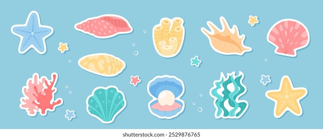 Conjunto de plantas y criaturas marinas submarinas. Dibujos animados de diversas conchas marinas de colores, corales, algas marinas, estrellas de mar. Elementos acuáticos de la vida del arrecife del océano aislados en azul. Lindo arte submarino.