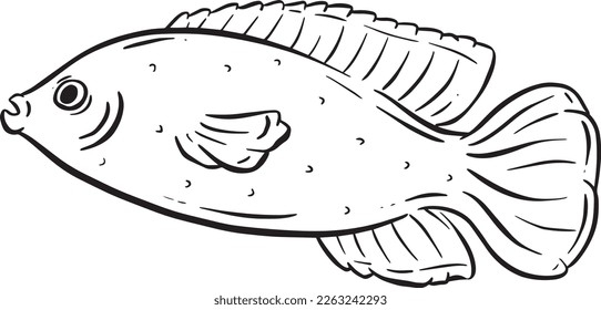 Underwater Marine Fish Cartoon Illustration in a Vector Outline Black and White 