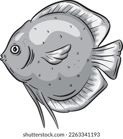 Underwater Marine Fish Cartoon Illustration in a Vector In Greyscale Black and White