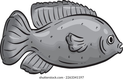 Underwater Marine Fish Cartoon Illustration in a Vector In Greyscale Black and White