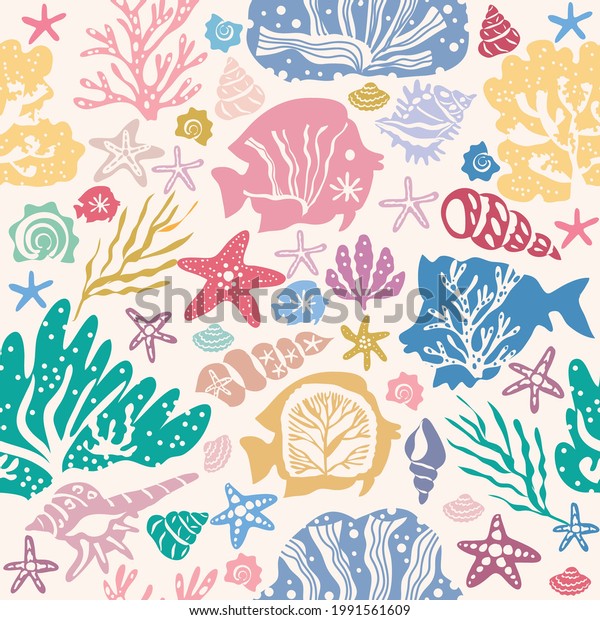 Underwater\
marine flora seamless pattern  of seaweeds, corals,  marine algae\
and seashells, jellyfish, fish , phytoplankton, algae, laminaria,\
sea moss tropical, underwater animals.\
Vector