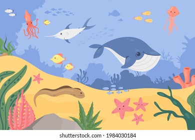 Underwater marine landscape, sea ocean bottom with fishes animals vector illustration. Cartoon cute undersea wildlife, whale swordfish squid eel starfish tuna swim deep in tropical sea background