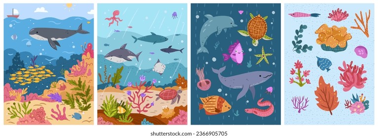 Underwater marine life, animals and fish, shark and turtles swimming in ocean or sea. Weeds and coral reef on bottom of water, biodiversity. Vector illustration in flat cartoon style