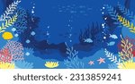 Underwater marine life of a coral reef. Illustration of background in a blue palette colours
