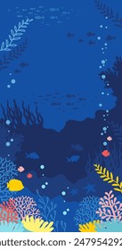 Underwater marine life of a coral reef. Hand drawn vector illustration of vertical background in a blue palette colors