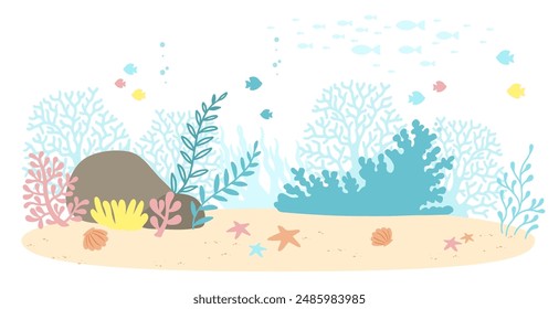 Underwater marine life of a coral reef. Illustration of background in a blue palette colors