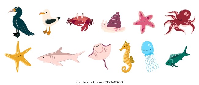 Underwater marine life, Cute sea animals. Children cartoon octopus, crab, albatross, cormorant, shark, fish, jellyfish, star fish, sea horse, stingray, snail. Vector illustration on a white background
