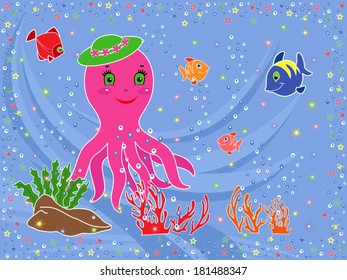 Underwater marine life. Funny Octopus, fishes, coral and seaweed on the seabed. Hand drawing vector illustration