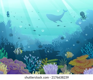 Ilustración de la vida marina submarina. Mundo submarino con animales marinos oceánicos y fondo de silueta de arrecifes de coral