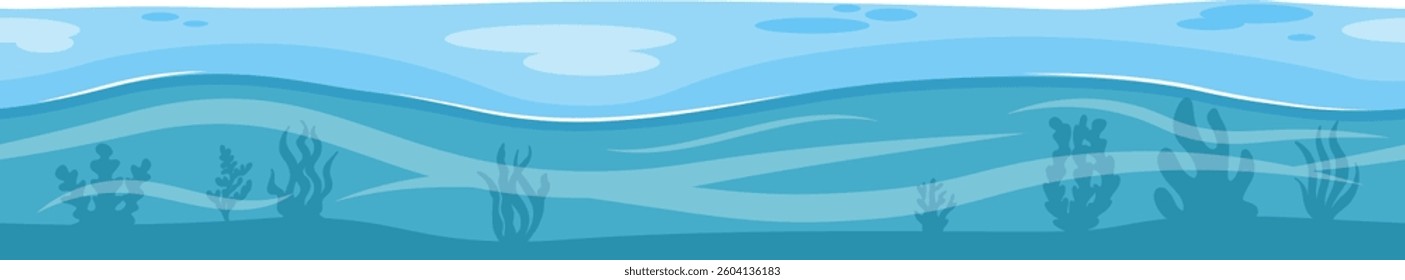 Underwater marine life panorama with seaweed growing on the seabed and light refracting through the surface in a cartoon style, ideal for backgrounds and video game landscapes