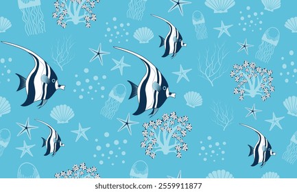 Underwater Marine Life Pattern with Tropical Fish and Corals.This seamless ocean themed pattern showcases elegant tropical fish, coral reefs, starfish, seashells, and jellyfish against a soft blue bg.