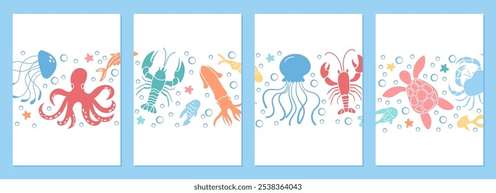 Underwater marine life poster illustration with vibrant sea creatures and coral reefs. Colorful oceanic design template and backgrounds create a fantastic aquatic scene with lively characters.