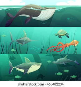 Underwater marine life retro cartoon horizontal banners set with giant shark fish dolphin turtles isolated vector illustration 