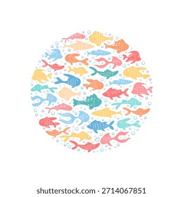 A vida marinha subaquática em um padrão redondo mostra o conceito de peixe aquático. Grupo de criaturas marinhas de desenho animado forma um círculo marinho. Design de oceano sem costura, estilo divertido plano.