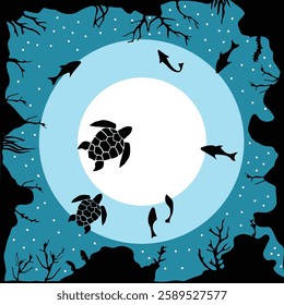 Underwater Marine Life Scene with Silhouette of Sea Turtles, Fish, Coral Reefs, Ocean Depths Peaceful Aquatic Nature, Deep Sea Wildlife, Marine Ecosystem, Tranquil Blue Water, Ocean Exploration