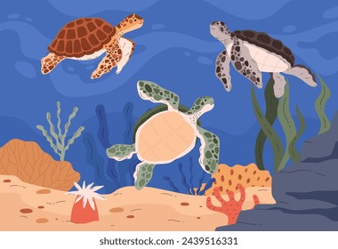 Underwater marine life scene. Vector illustration featuring turtles swimming among seaweed, with a coral reef and sandy ocean floor backdrop.