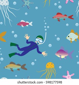 Underwater marine life. Seamless pattern.
