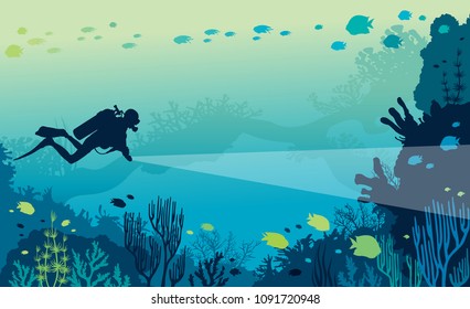 Underwater marine life - silhouette of scuba diver and beautiful coral reef with school of fishes on a blue sea. Vector nature illustration.