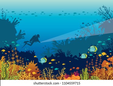 Underwater marine life - silhouette of scuba diver and beautiful coral reef with school of fishes on a blue sea. Vector nature illustration. 