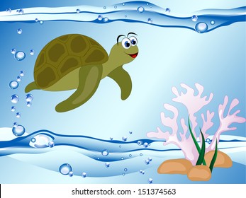 Underwater marine  life - turtle and coral