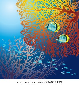 Underwater marine life - two yellow fish and fed fire coral on a blue sea background.