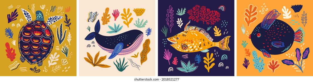 Underwater marine life. Vector illustration with sea turtle, whale and fish
