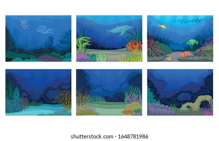 Underwater and Marine Scenes and Views with Fish and Algae Vector Set