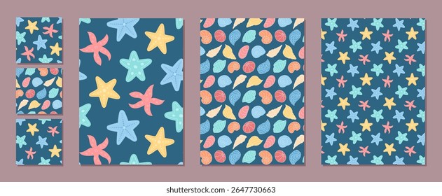 Underwater marine seamless pattern set with vibrant cartoon starfish and seashells. Ocean background highlights sea and shell motifs. Ideal for summer designs, marine projects, coastal decorations.