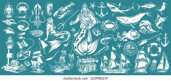 Underwater marine set monochrome elements with lighthouse and god Neptune ruling fish and sea animals or shells vector illustration