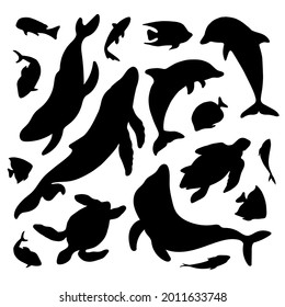 Underwater marine set of silhouettes. Flat illustration