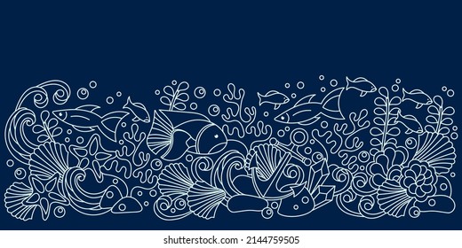 Underwater Marine vector border . Doodle of the sea world, ocean, river . Monochrome. Aquariums. Hand drawn vector illustration