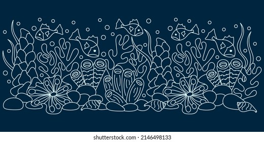 Borde de vectores subacuáticos marinos. Doodle del mundo marino . Monocromo. Acuarios. Ilustración vectorial dibujada por mano