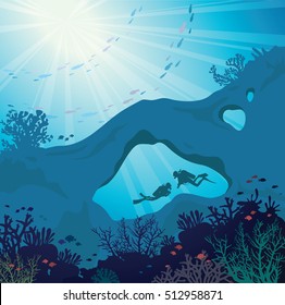 Underwater marine wildlife. Silhouette of two scuba divers in the cave and beautiful coral reef with school of fish on a blue sea. Nature vector illustration. 