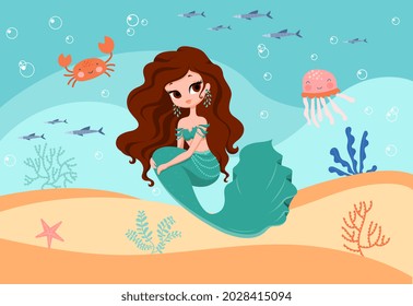 Underwater Mermaid concept. Beautiful girl with fish tail sitting on sandy bottom of sea. Poster for decorating walls in children room. Ocean flora and fauna. Cartoon flat vector illustration for kid