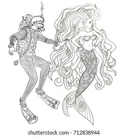 Underwater mermaid and diver in zentangle style. Adult antistress coloring book. Black white doodle oceanic story for art therapy. Girl and man with high details isolated on white background.