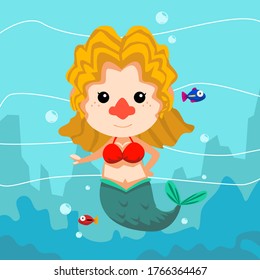 Underwater Mermaid with little Fish Cartoon character