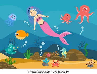 Underwater Mermaid Vector Illustration Cute Sea Animals Cartoon Characters Along with Fish, Turtle, Octopus, Seahorse, Crab