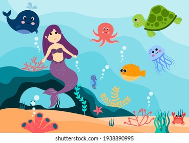 Underwater Mermaid Vector Illustration Cute Sea Animals Cartoon Characters Along with Fish, Turtle, Octopus, Seahorse, Crab