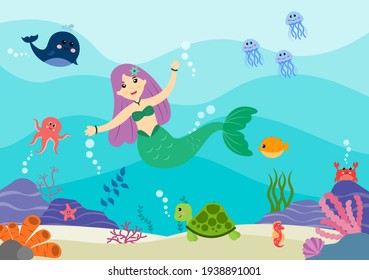 Underwater Mermaid Vector Illustration Cute Sea Animals Cartoon Characters Along with Fish, Turtle, Octopus, Seahorse, Crab