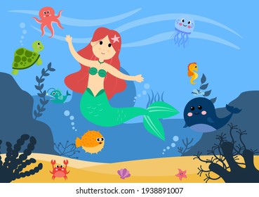 Underwater Mermaid Vector Illustration Cute Sea Animals Cartoon Characters Along with Fish, Turtle, Octopus, Seahorse, Crab