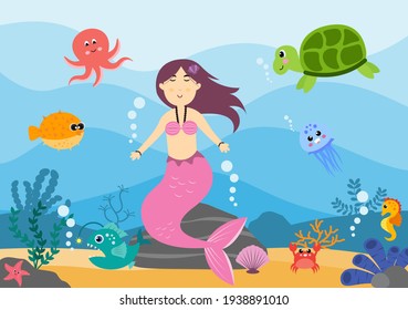 Underwater Mermaid Vector Illustration Cute Sea Animals Cartoon Characters Along with Fish, Turtle, Octopus, Seahorse, Crab