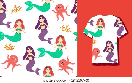 Underwater Mermaid Vector Illustration Cute Sea Animals Cartoon Characters Along with Octopus