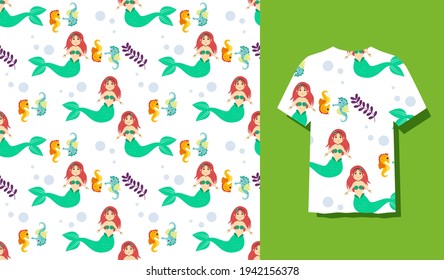 Underwater Mermaid Vector Illustration Cute Sea Animals Cartoon Characters Along