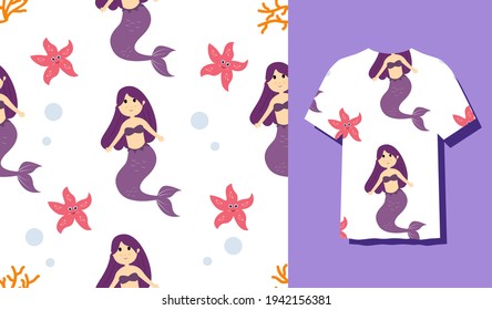 Underwater Mermaid Vector Illustration Cute Sea Animals Cartoon Characters Along