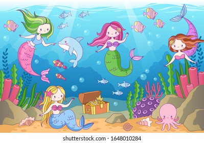 Underwater with mermaids. Seabed with mythical princesses and sea creatures, seaweeds and seashell, octopus, treasure tropical ocean cartoon vector background