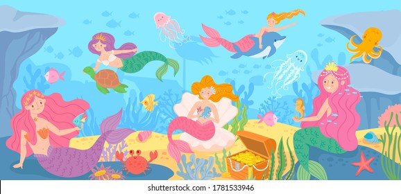 Underwater with mermaids. Seabed with mythical princesses and sea creatures, seaweeds and seashell, octopus, treasure cartoon vector background. Beautiful fantasy fairy tale girls, marine life