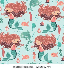 Underwater mermaid-themed seamless pattern in vector cartoon style. Features playful characters, including fish, seaweed, and coral.