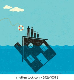 Underwater Mortgage Help A family floating on their house, which is partially underwater in the ocean, about to be saved by a life preserver.